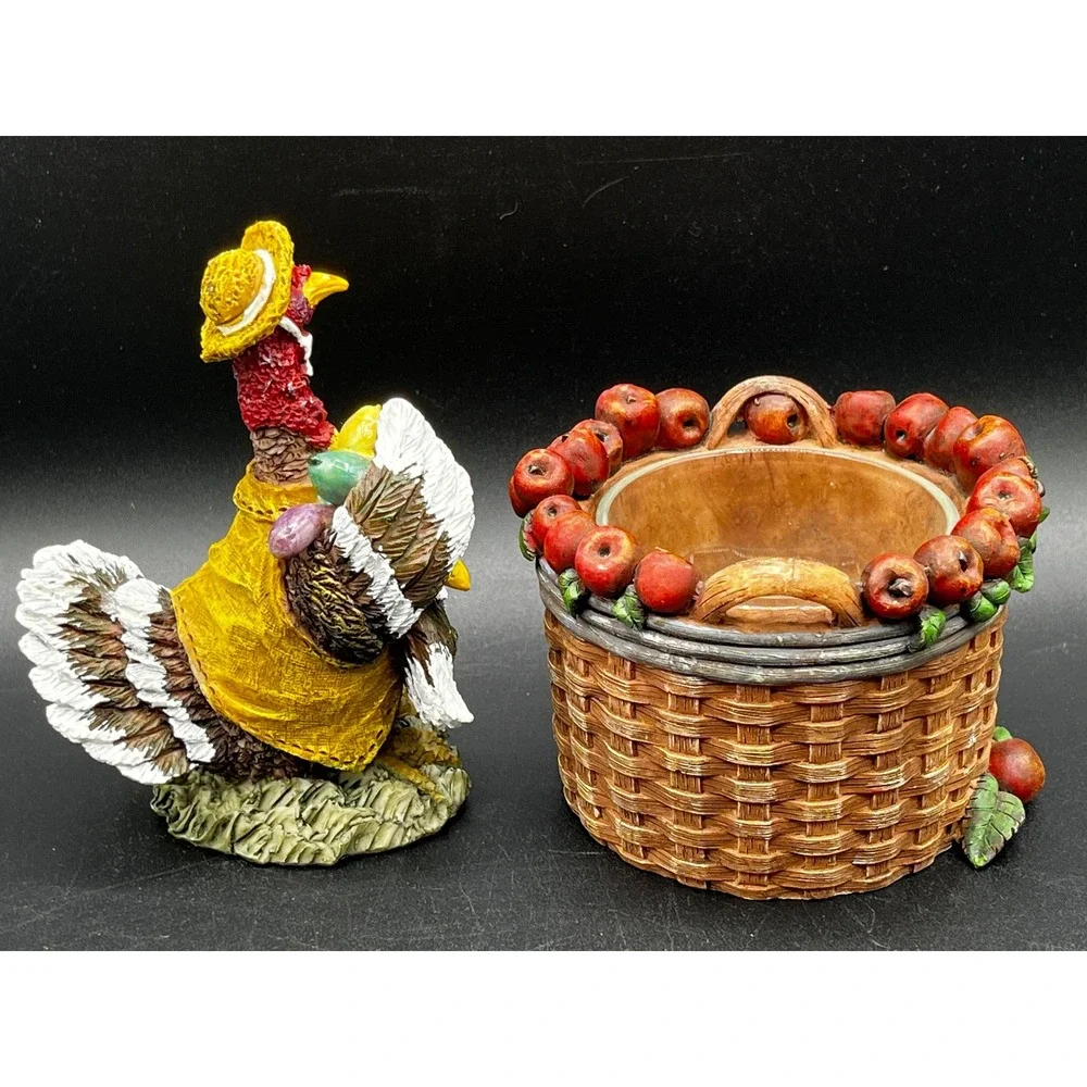 Homespun Country Thanksgiving Turkey Figurine Apple Basket Votive Holder Set